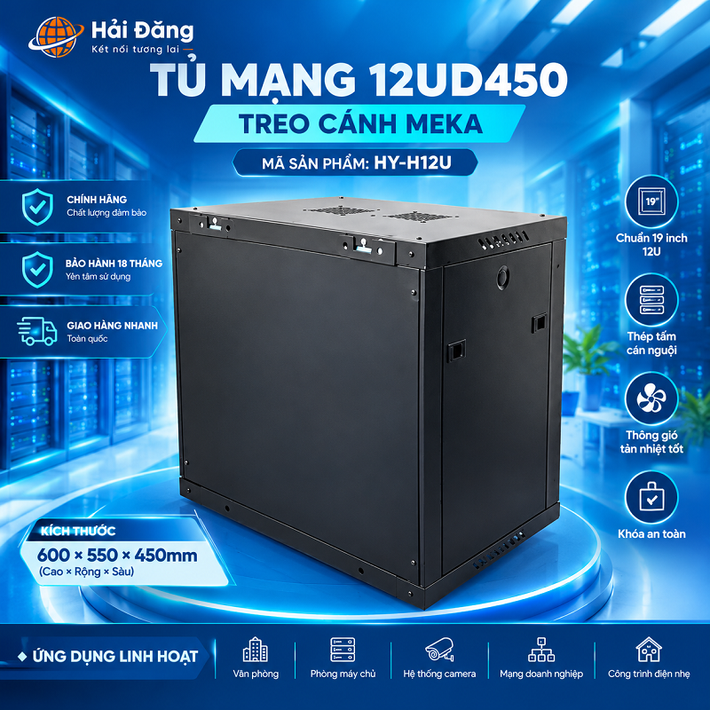 Tủ mạng, tủ Rack 12UD450 Treo nhập khẩu chính hãng model HY-H12U, cánh meka cao cấp